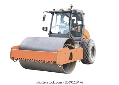 Heavy-duty Vibratory Roller For Asphalt Paving On White Isolated Background. Road Construction Equipment. Image Of A Road Roller For Design