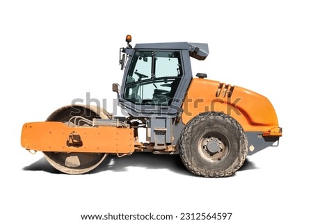 Heavy-duty vibratory roller for asphalt paving on white isolated background. Road construction equipment. Image of a road roller for design