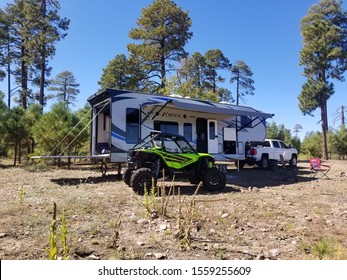 Heber, Arizona/ USA - October 2019: Campers camping in the forest of Arizona