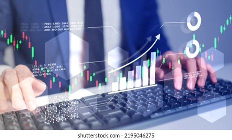 Hedge funds businessman typing on computer keyboard, financial investment stock exchange market data graph chart, company business growth management strategy technology