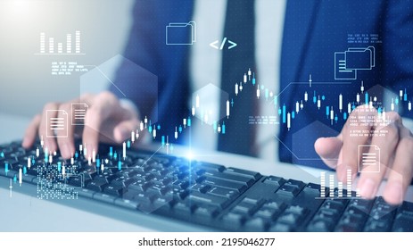 Hedge funds businessman typing on computer keyboard, financial investment stock exchange market data graph chart, company business growth management strategy technology