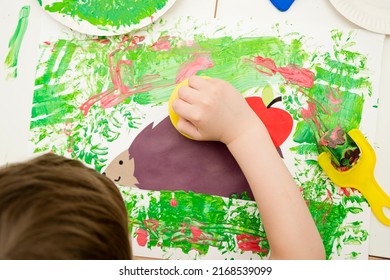Hedgehog carries an apple in green meadow  Kids draws gouache  Art activities at home  Activities  easy ideas  lessons DIY tasks for children  Early education 