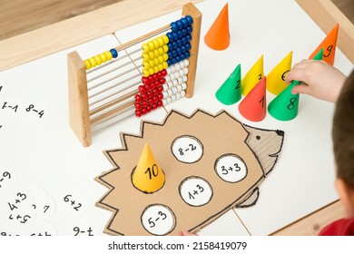 Hedgehog And Numbers. Learning Math. Calculation Game For Children. Early Education. Montessori Thematic Tool For Preschool Children And People With Special Needs.