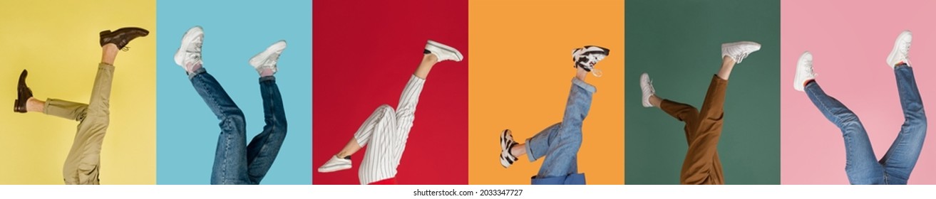 Heels over head, upside down. Collage with female and male legs in colored sneakers, trainers isolated over bright multicolored background. Concept of fashion, sales, discounts. Copyspase for ad. - Shutterstock ID 2033347727
