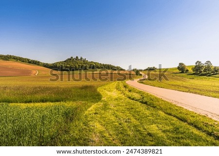 Hegau landscape with fields and meadows, view to the Hegau volcano Maegdeberg, Hilzingen, Baden-Wuerttemberg, Germany