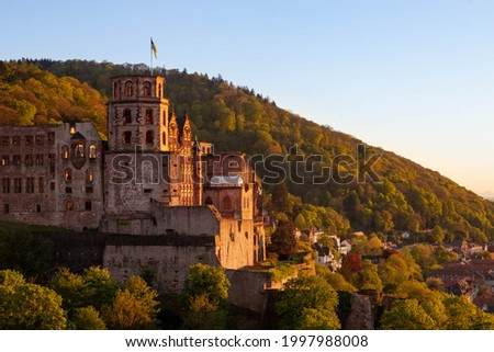 Heidelberg Castle at sunset. Stunning view over the old city of Heidelberg in Germany. Old building. 