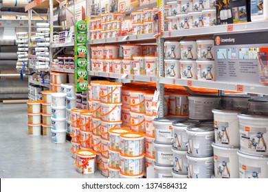 Heidelberg, Germany - April 2019: Hardware Store With Different Kinds Of Wall Paints In Buckets For Renovating