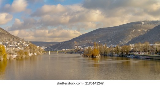 Heidelberg, Germany - December 17, 2010: Winter With Snow In Old Downtown, Castle And Main City Bridge In Heidelberg, Germany, With Blue Cloudy Sky And Sunny Day, Panorama