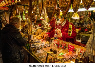 Heidelberg, Germany - December 2019: Booth On The Christmas Market Selling Sweets