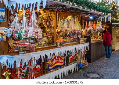 Heidelberg, Germany - December 2019: Booth On The Christmas Market Selling Sweets