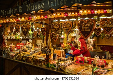 Heidelberg, Germany - December 2019: Booth On The Christmas Market Selling Sweets