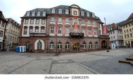 Heidelberg, Germany, December 9, 2021: Old Town Market Square (Heidelberger Marktplatz), Hercules Fountain And The City Hall Of Heidelberg - Centre Of Local Politics And The City Administration. 