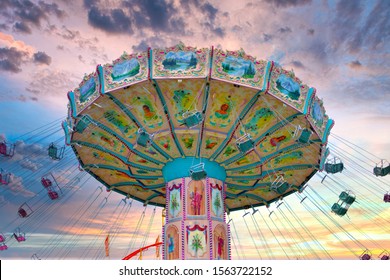 Heidelberg, Germany - May 2019: Empty Chair Swing Ride At Fun Fair