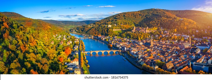 Heidelberg skyline aerial view from above. Heidelberg skyline aerial view of old town river and bridge, Germany. Aerial View of Heidelberg, Germany Old Town. Video of the aerial view of Heidelberg.