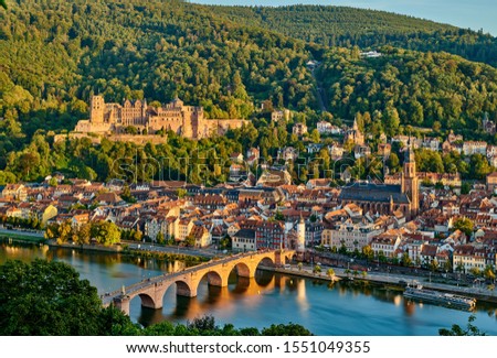Heidelberg town with old Karl Theodor bridge and castle on Neckar river in Baden-Wurttemberg, Germany 