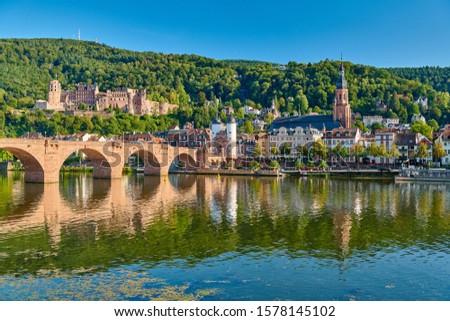 Heidelberg town with old Karl Theodor bridge and castle on Neckar river in Baden-Wurttemberg, Germany 