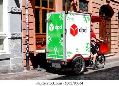 Heidelberg/Bavaria, Germany - June 24, 2020:  DPD Zero Germany, inner-city Electric Delivery Cargo bike for parcel deliveries free from local emissions.