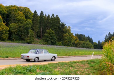 Heidenheim, Germany - October 3, 2021: Audi DKW F102 german oldtimer vintage car on a country road near Heidenheim an der Brenz, Germany.