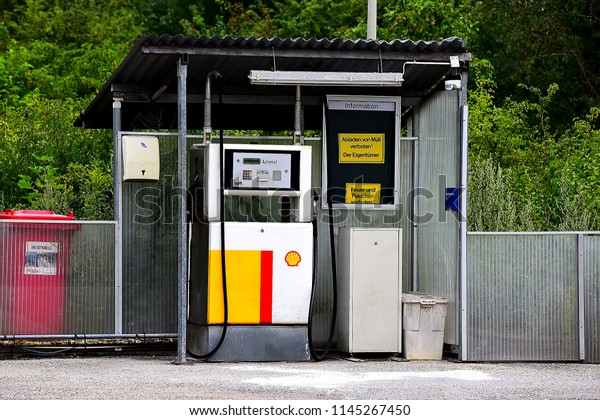 HEIDENHEIM,GERMANY-JULY 22,2018: old SHELL gas\
station.Shell-British–Dutch SHELL gas station.multinational oil and\
gas company headquartered in the Netherlands and incorporated in\
the United\
Kingdom.