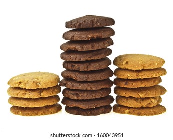 Height Compare Of Cookie Stack Between Chocolate Cookie And Almond Cookie On White Background