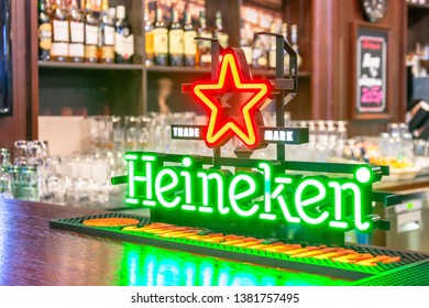 Heineken Sign On The Bar In The Pub. Russia, Sait-Petersburg. 23 April 2019