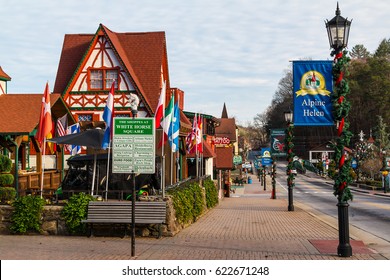 Helen, Georgia, USA - December 14, 2016: View Of The Main Street And The White Horse Square With Christmas Decorations
