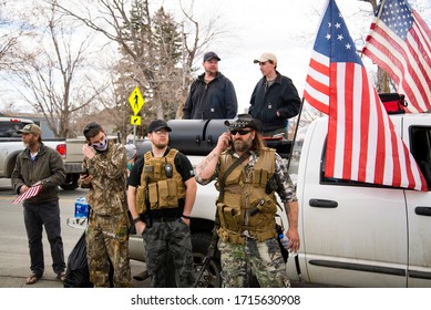 Helena, Montana - April 19, 2020: Yellowstone Militia Of Billings, Armed Group Of Men Carrying Guns And Weapons, Protest Of Government Shutdown. People Protesting Montana's Stay At Home Orders.