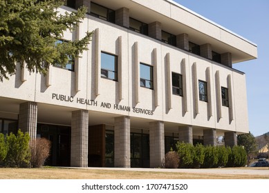 Helena, Montana - April 8, 2020: Department Of Public Heath And Human Services Office Building In Downtown Near Capitol Square. Health And Safety Government Building Facility.