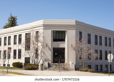 Helena, Montana - April 8, 2020: Department Of Justice Motor Vehicle Division Office Building In Downtown Helena's Capitol Square. Highway Patrol And Law Enforcement Government Agency Facility.