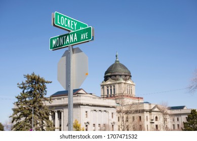 Helena, Montana - April 8, 2020: Street And Road Signs Of Montana Avenue And Lockey Avenue Behing The State Capitol Building Of Montana. A Main Street In Helena For Directions To The Parking Lot.