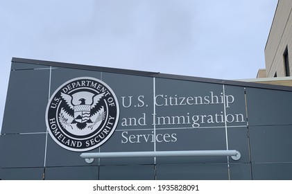 Helena, Montana - February 21, 2021: United States Citizenship and Immigration Services office, Homeland Security, federal government building seal, naturalization and asylum headquarters, logo, sign