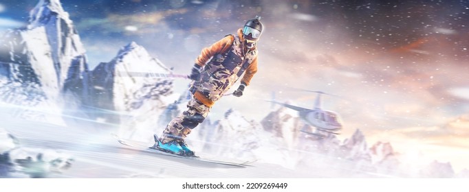 Heli Skiing Action. Sport Emotion. Motion Of The Skiing Downhill In The Mountains. Professional Skiing In Action. Flying Helicopter