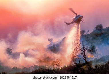 A Helicopter Dropping Water On A California Wildfire In Rugged Terrain, Backlit By A Setting Sun Filtered Through Multiple Layers Of Smoke