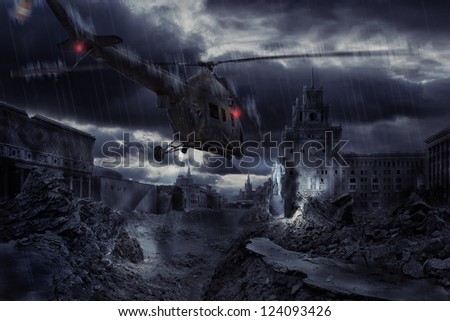 Helicopter flying at night over ruined Moscow city