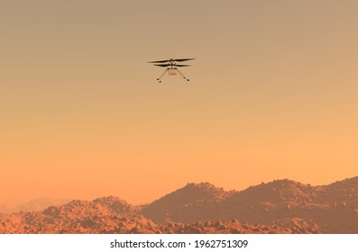 Helicopter Ingenuity explore Mars  Drone on the ground of Mars examining rocks. 3D illustration - Shutterstock ID 1962751309