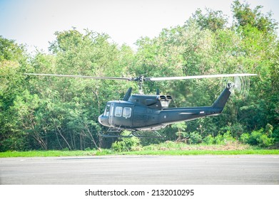 The Helicopter  Lifts Off The Ground To Test Its Engines.