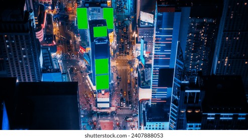 Helicopter Night Tour of New York City. Illuminated Times Square with Green Screen Mock Up Advertising Templates and Tourists Enjoying Manhattan Nightlife and Admiring the Landmark - Powered by Shutterstock