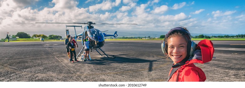 Helicopter Ride Asian Tourist Passenger Woman Boarding Flight On Cruise Excursion Activity In Hawaii. Panoramic Banner Of Summer Travel Vacation Lifestyle.