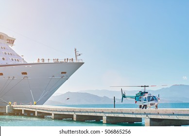 Helicopter Take Off From Emergency In Cruise Ship On Pier