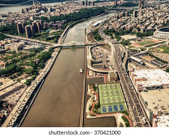 Helicopter view of Macombs Dam Bridge and Washington Heights - New York.