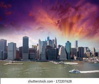 Helicopter View Of Manhattan At Dusk.