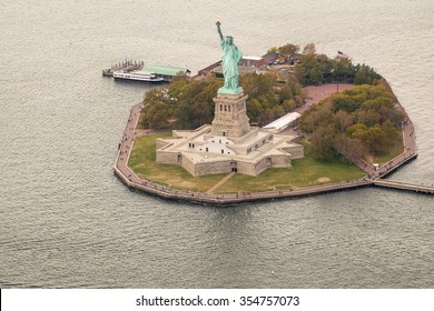 Helicopter View Of Statue Of Liberty, New York.