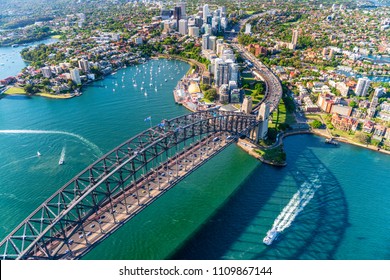 Helicopter view of Sydney Harbor Bridge and Lavender Bay, New South Wales, Australia.