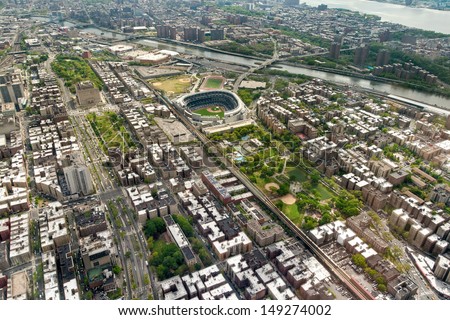 Helicopter view of Upper West side of Manhattan Yankees Stadium, New York, USA