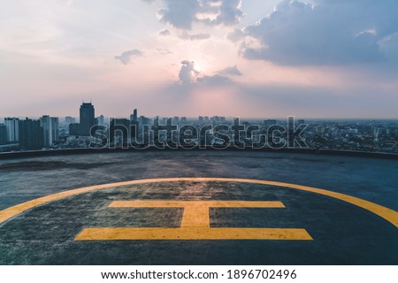 Helipad sunset Bangkok, Thailand, rooftop helicopter, top of the building, skyline, helicopter landing area in the city
