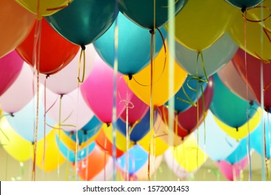 Helium Balloons With Ribbons In The Office. Colorful Festive Background For Birthday Celebration, Corporate Party, Anniversary, Children's Holiday