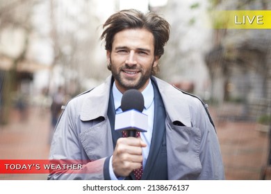 Hell Find The Story. Smiling Portrait Of A Weatherman Reporting For The News.