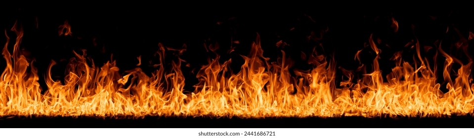 Hell flames, devil's mouth. fire banner. A background of scalding flames. Firestorm. Fire burning. Bright burning flames on a black background. Wall of Real fire, abstract background. Fire flames