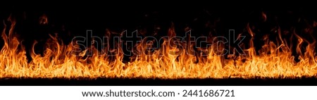 Hell flames, devil's mouth. fire banner. A background of scalding flames. Firestorm. Fire burning. Bright burning flames on a black background. Wall of Real fire, abstract background. Fire flames