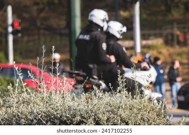 Hellenic Police, Greek police squad on duty riding bike and motorcycle, maintain public order in the streets of Athens, Attica, Greece, group of policemen with 